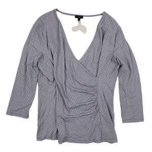 Talbots Geometric 3/4 Sleeve V-Neck Faux Wrap Front Blouse Top Sz M Rayon Purple